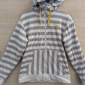 The North Face Mens Hoodie Sweatshirt Striped Beige Gray Medium Polyester Flaws